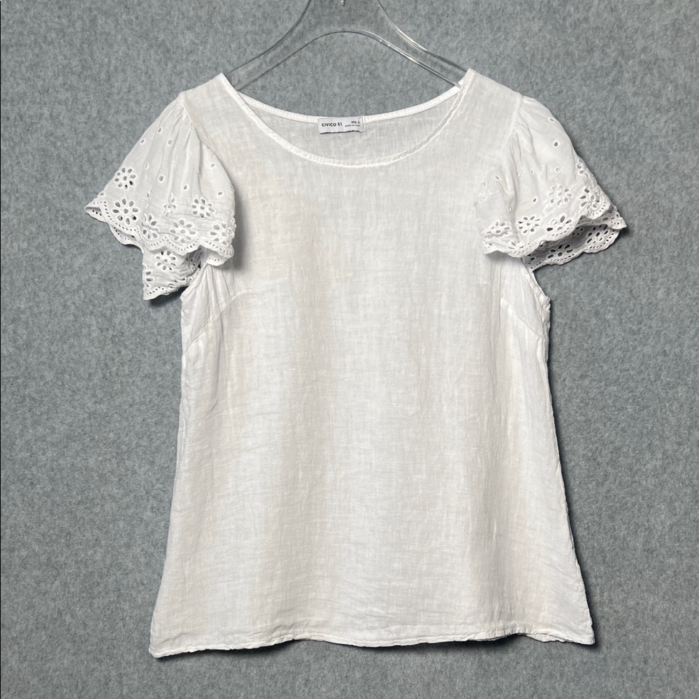 Civico 51 White 100% Linen Laser Cut eyelet Sleeve Blouse Made In Italy Size S